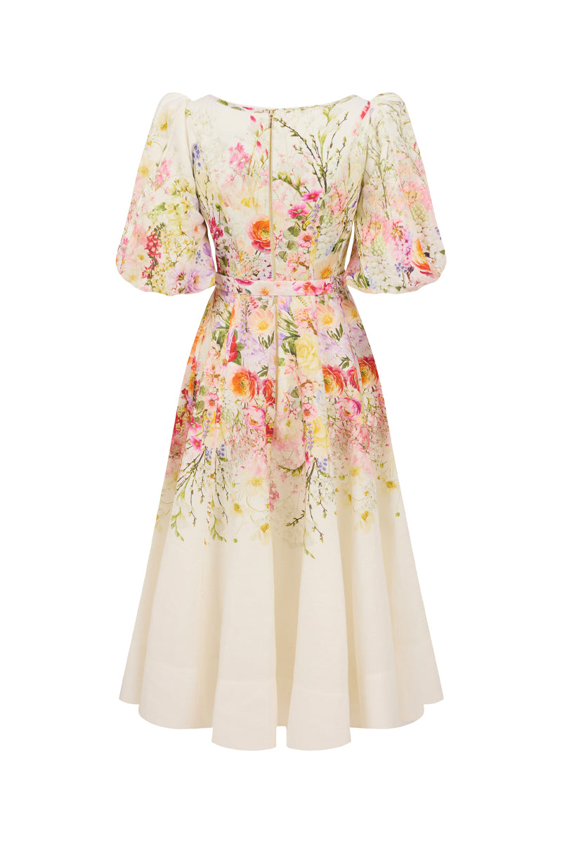 AISA floral print midi dress with a fitted waist and flowing skirt, perfect for spring and summer occasions.