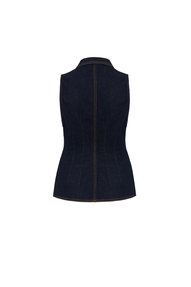 AISA Royce Denim Waist Vest featuring classic denim fabric and tailored fit, displayed on a hanger.