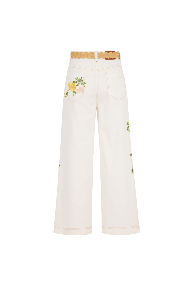 AISA Aline denim jeans displayed flat, showcasing classic blue jeans with a fitted waist and straight-leg cut.