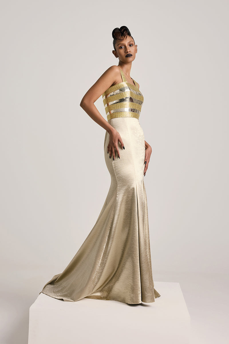 METALLIC GOLD FISHTAIL GOWN - CULT MIA