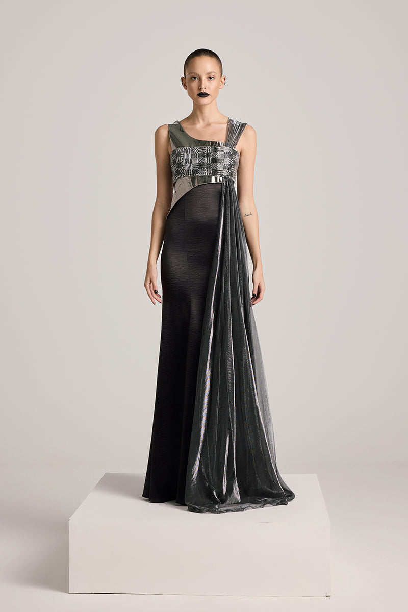 BLACK SEQUIN BUSTIER ASYMMETRIC GOWN - CULT MIA