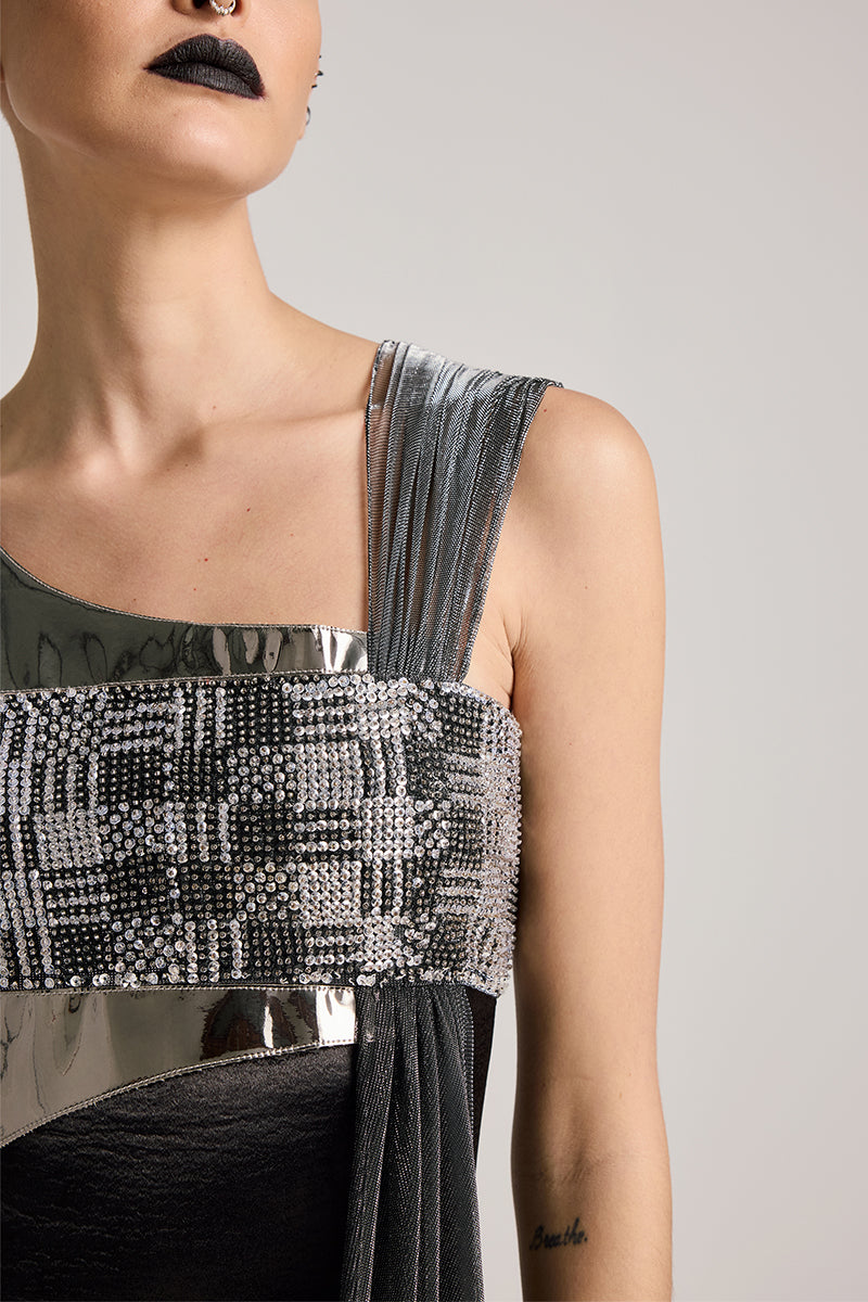 BLACK SEQUIN BUSTIER ASYMMETRIC GOWN - CULT MIA