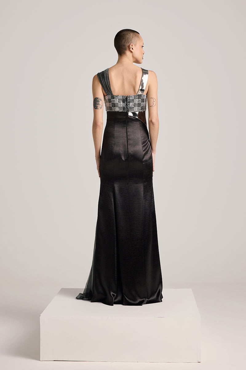 BLACK SEQUIN BUSTIER ASYMMETRIC GOWN - CULT MIA