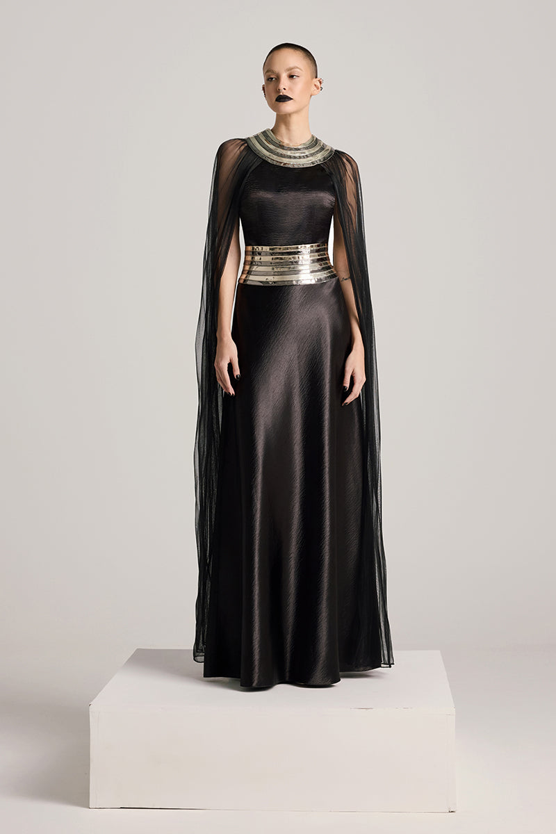 BLACK FALL-PANELLED TEXTURED SATIN GOWN - CULT MIA