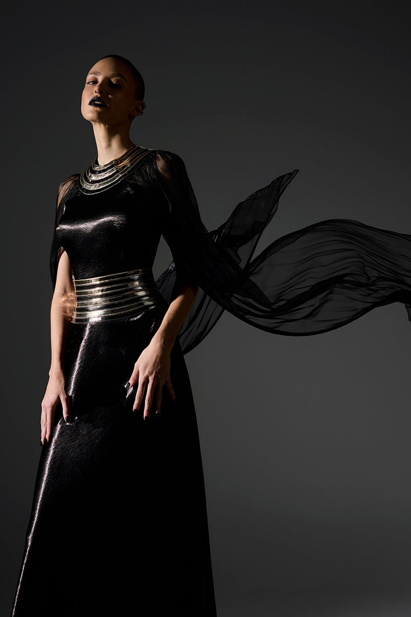 BLACK FALL-PANELLED TEXTURED SATIN GOWN - CULT MIA