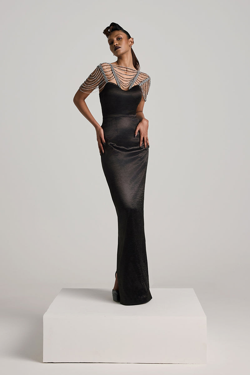 BLACK TEXTURED SATIN SEQUIN PENCIL MAXI DRESS - CULT MIA