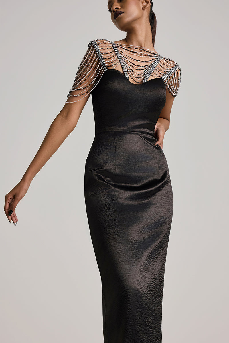 BLACK TEXTURED SATIN SEQUIN PENCIL MAXI DRESS - CULT MIA