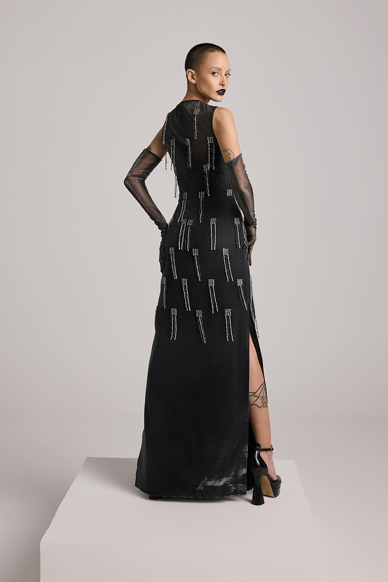 black tassel maxi dress Magic Vip Black Luxe Tassel Fringe Sequin Embellished Illusion Maxi Dr Nazz Collection
