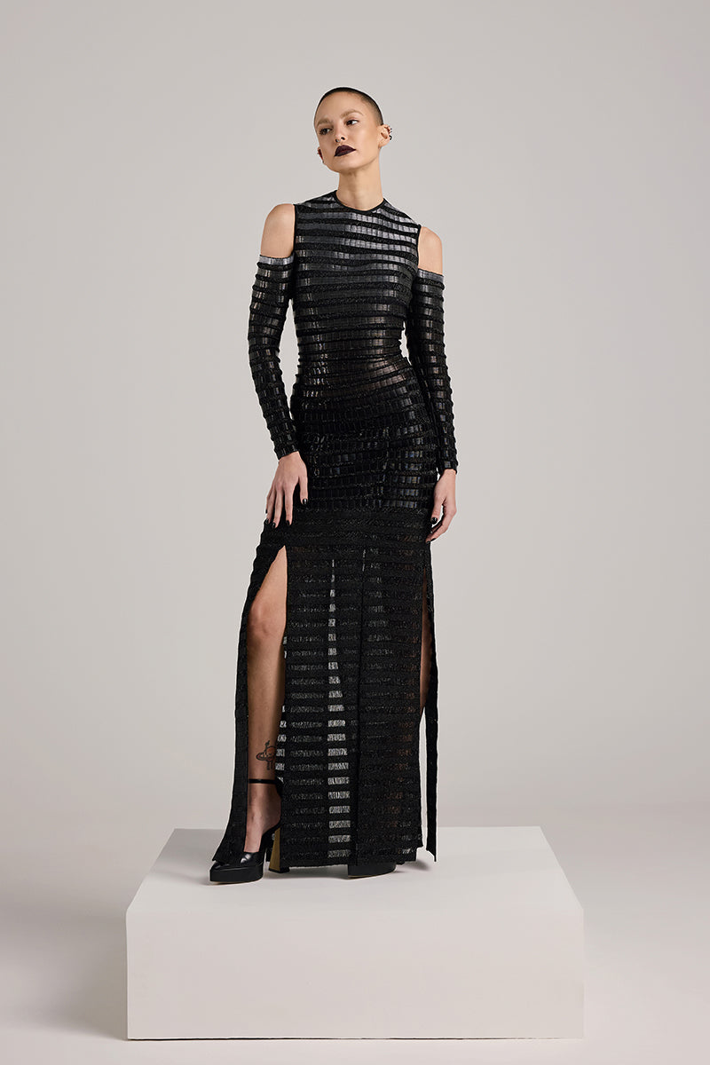BLACK GRADIENT GLASS AND LUREX MAXI DRESS - CULT MIA