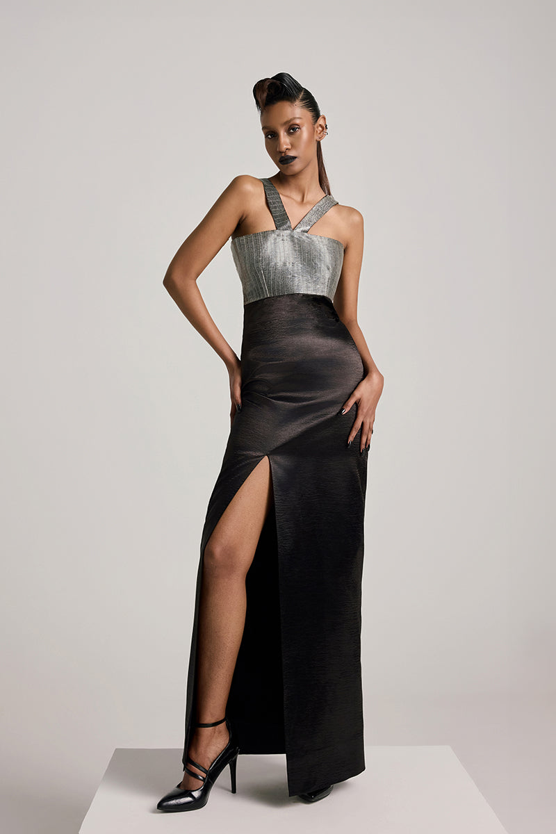BLACK TEXTURED SATIN SLIT MAXI DRESS | CULT MIA | AKHL BLACK TEXTURED SATIN SLIT MAXI DRESS | CULT MIA | AKHL