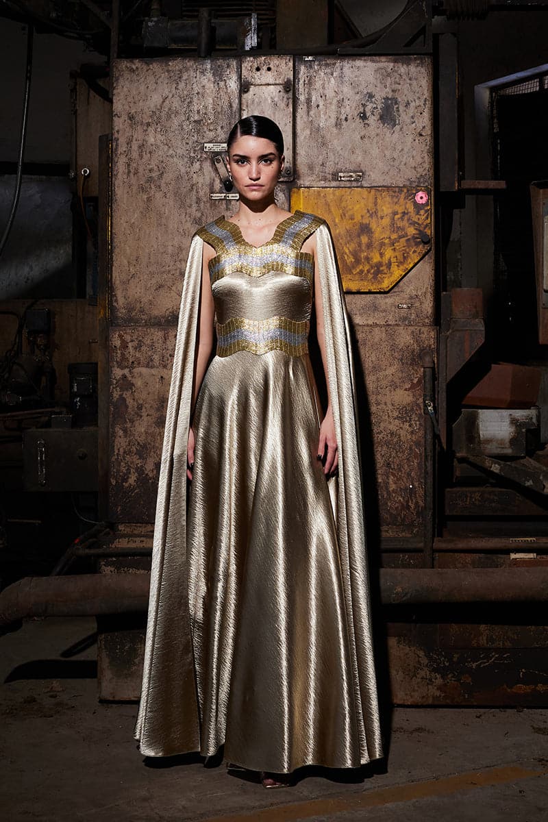 Akhl Textured Satin Gold Kaftan Gown | Cult Mia Akhl Textured Satin Gold Kaftan Gown | Cult Mia
