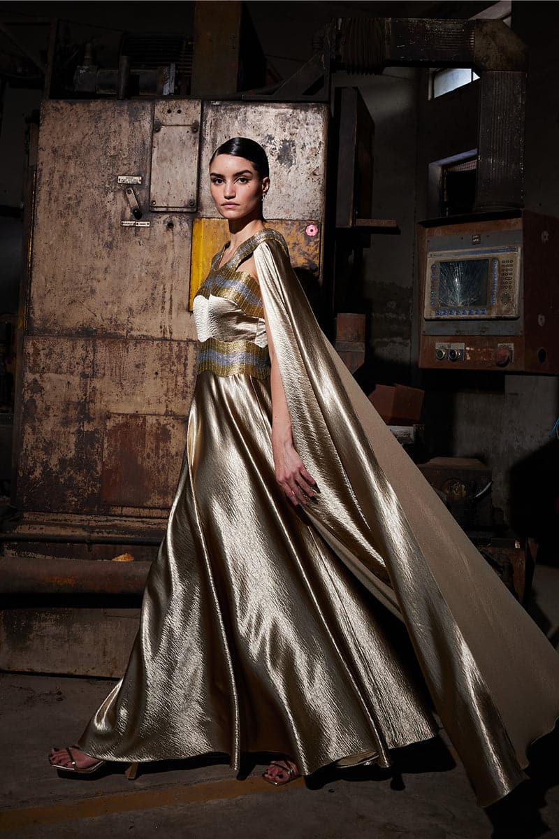 TEXTURED SATIN GOLD KAFTAN GOWN - CULT MIA