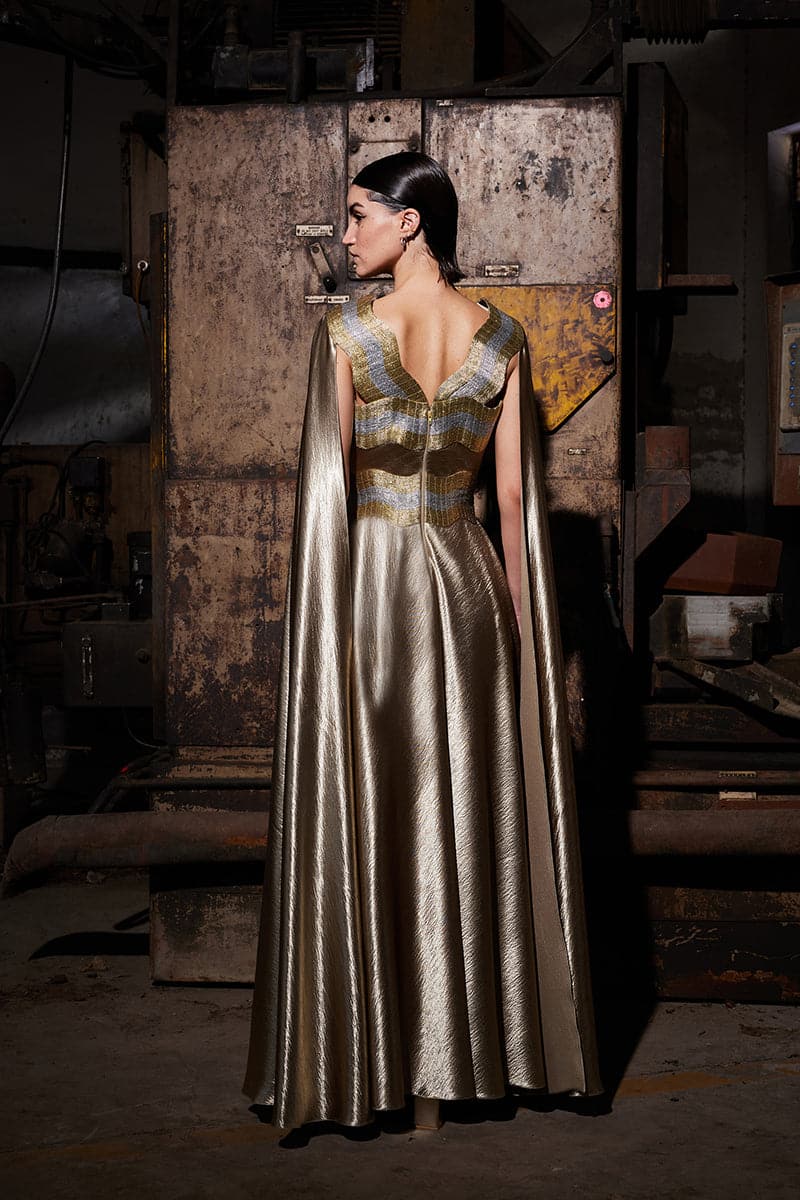 TEXTURED SATIN GOLD KAFTAN GOWN Champagne Gold XXS