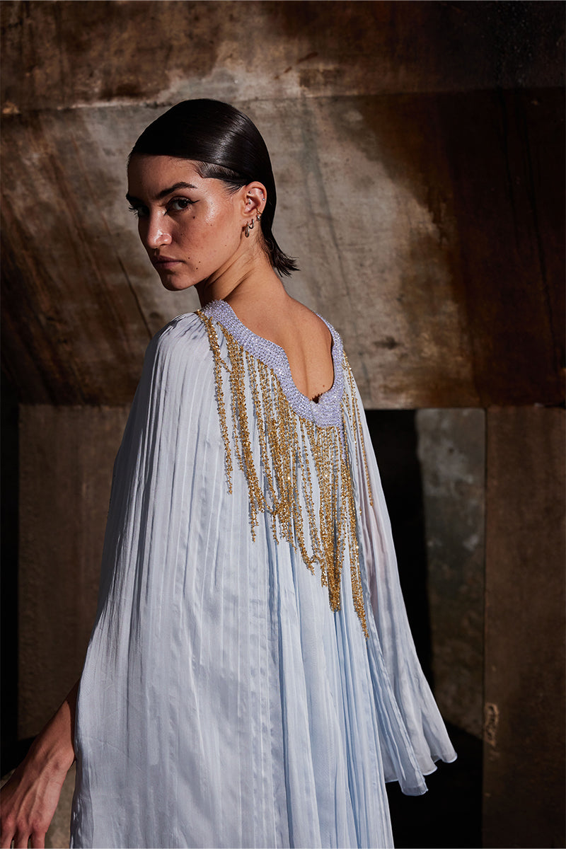 Powder blue angular gathered maxi kaftan by AKHL, flowing dress with relaxed fit and stylish design, ideal for casual or beach wear.