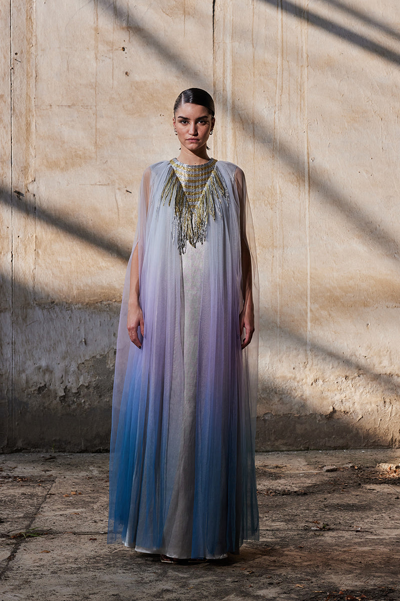 SILVER TRIANGULAR METALLIC TULLE KAFTAN - CULT MIA