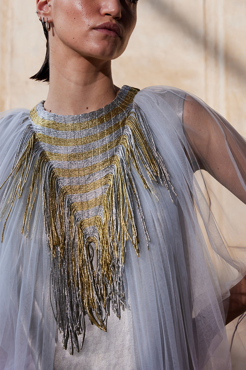 SILVER TRIANGULAR METALLIC TULLE KAFTAN - CULT MIA
