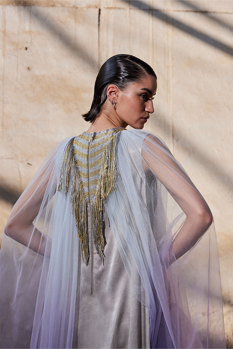 SILVER TRIANGULAR METALLIC TULLE KAFTAN - CULT MIA
