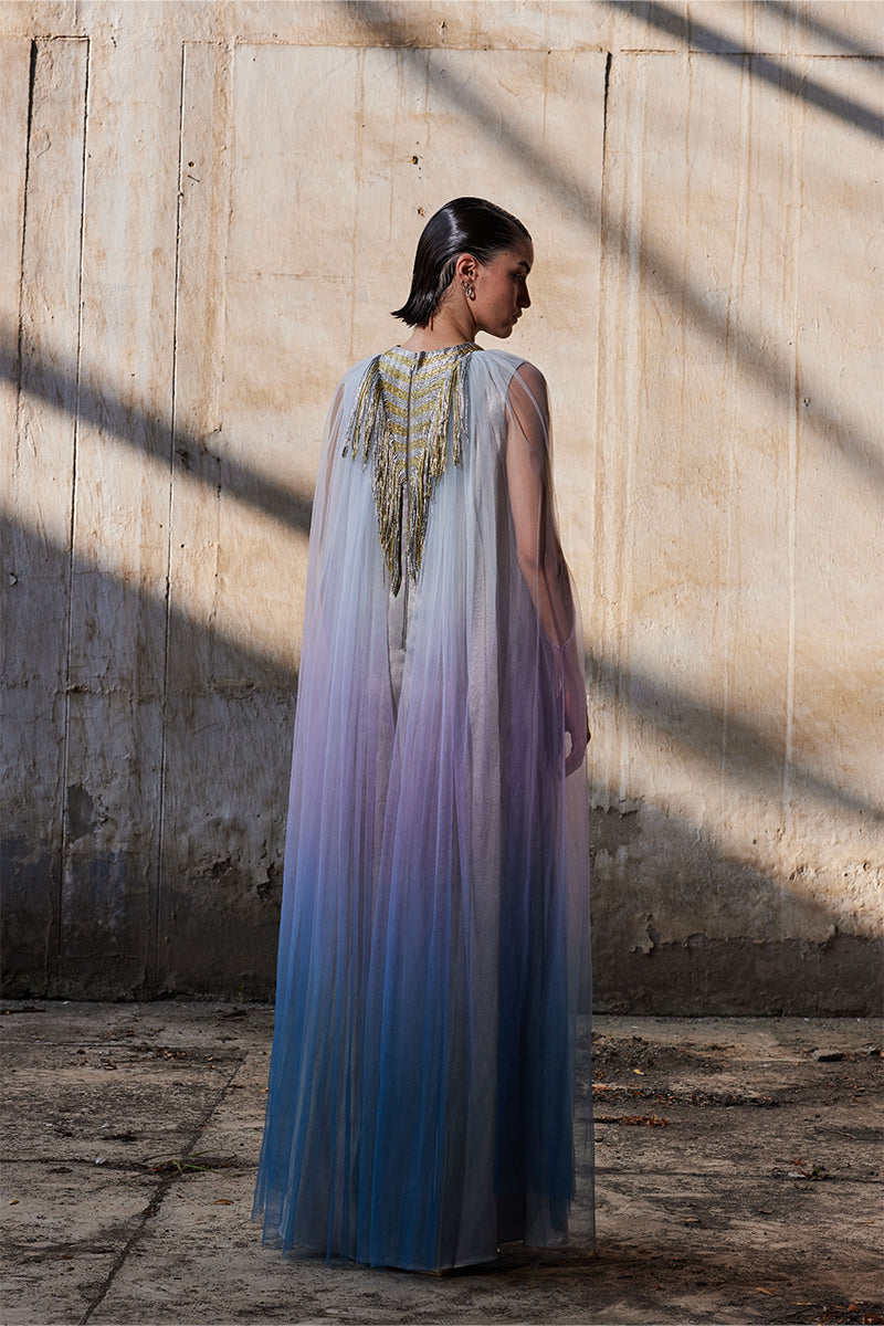 SILVER TRIANGULAR METALLIC TULLE KAFTAN - CULT MIA
