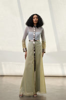 Metallic shirt dress by AKHL, stylish maxi dress with a shiny metallic finish, long sleeves, and a relaxed fit.