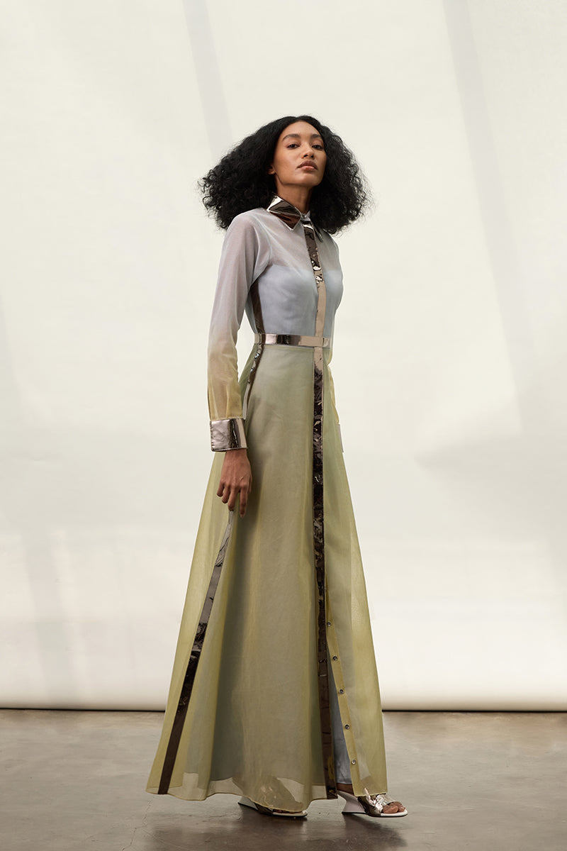 Silver metallic shirt dress by AKHL, maxi dress style with a sleek, shiny fabric and button-down front.
