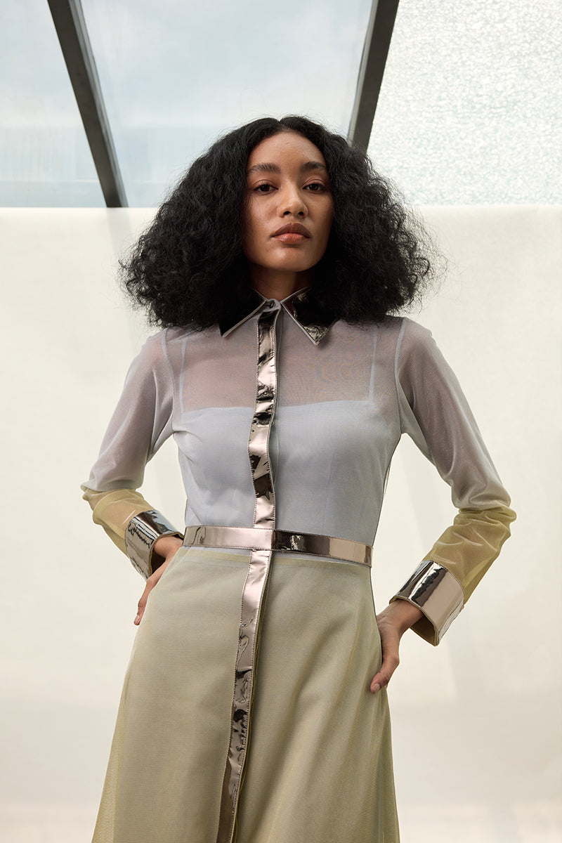 Metallic shirt dress by AKHL, a stylish maxi dress with a shiny metallic finish, perfect for elegant occasions.
