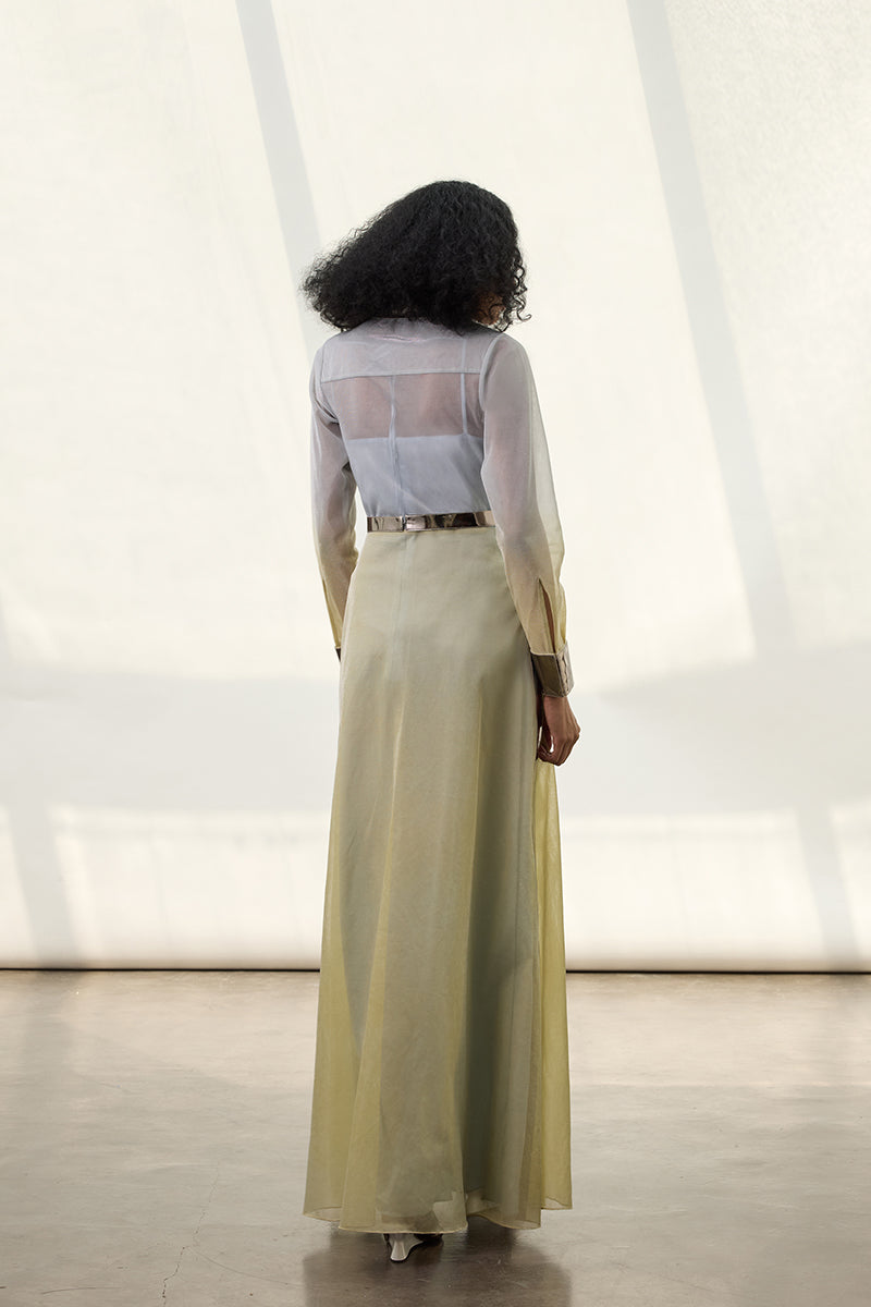 Metallic shirt dress by AKHL, stylish maxi dress with a shiny metallic finish, long sleeves, and a relaxed fit.