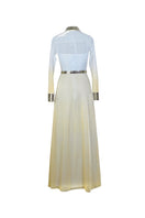 Back view of AKHL metallic shirt dress, a sleek maxi dress with a shiny metallic finish and collar detail.