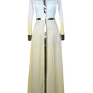 Front view of AKHL metallic shirt dress, a stylish maxi dress with a shiny metallic fabric and button-down design.
