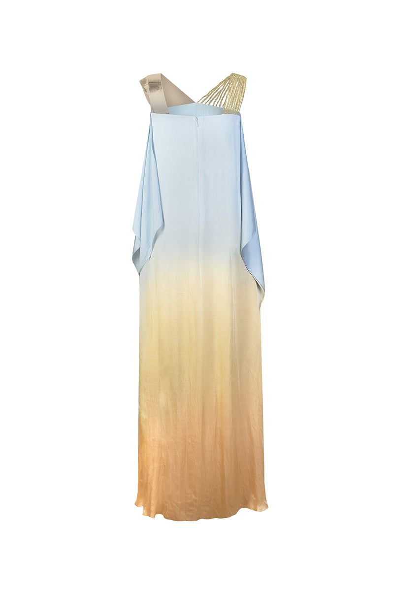 Back view of AKHL sequin and metallic asymmetric maxi dress, showcasing shiny sequins and elegant design details.