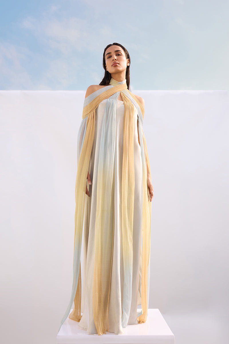 Ombre draped halter kaftan maxi dress by AKHL featuring flowing fabric and elegant design, ideal for stylish summer wear.