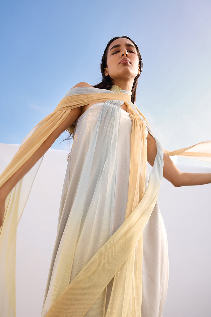 Akhil ombre draped halter kaftan maxi dress with flowing fabric and stylish design, perfect for elegant summer wear.