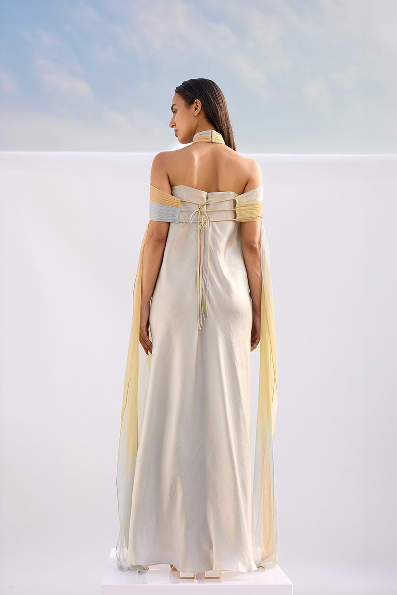 Akhil ombre draped halter maxi kaftan dress with flowing fabric and vibrant color gradient, stylish and elegant for summer wear.