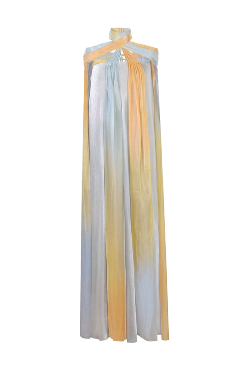 Front view of AKHL ombre draped halter maxi kaftan dress with flowing fabric and stylish design.