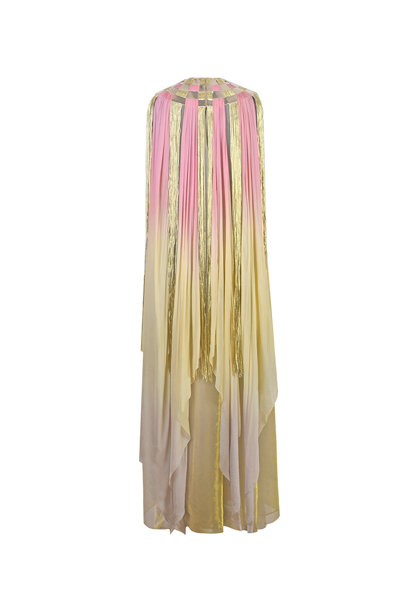 Back view of the AKHL Interwoven Sunset Dress gown featuring intricate woven details and a flowing silhouette.