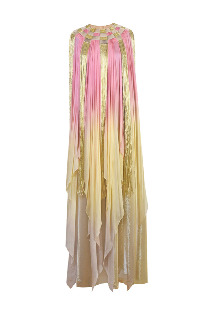 Front view of the AKHL Interwoven Sunset Dress, a stylish gown with intricate woven design and vibrant sunset-inspired colors.