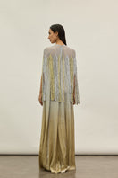 Gold and silver metallic kaftan gown by AKHL with flowing fabric and intricate detailing, perfect for elegant occasions.