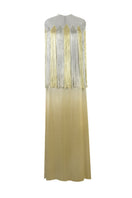 Gold and silver metallic kaftan gown by AKHL, front view showcasing shiny fabric and elegant design.
