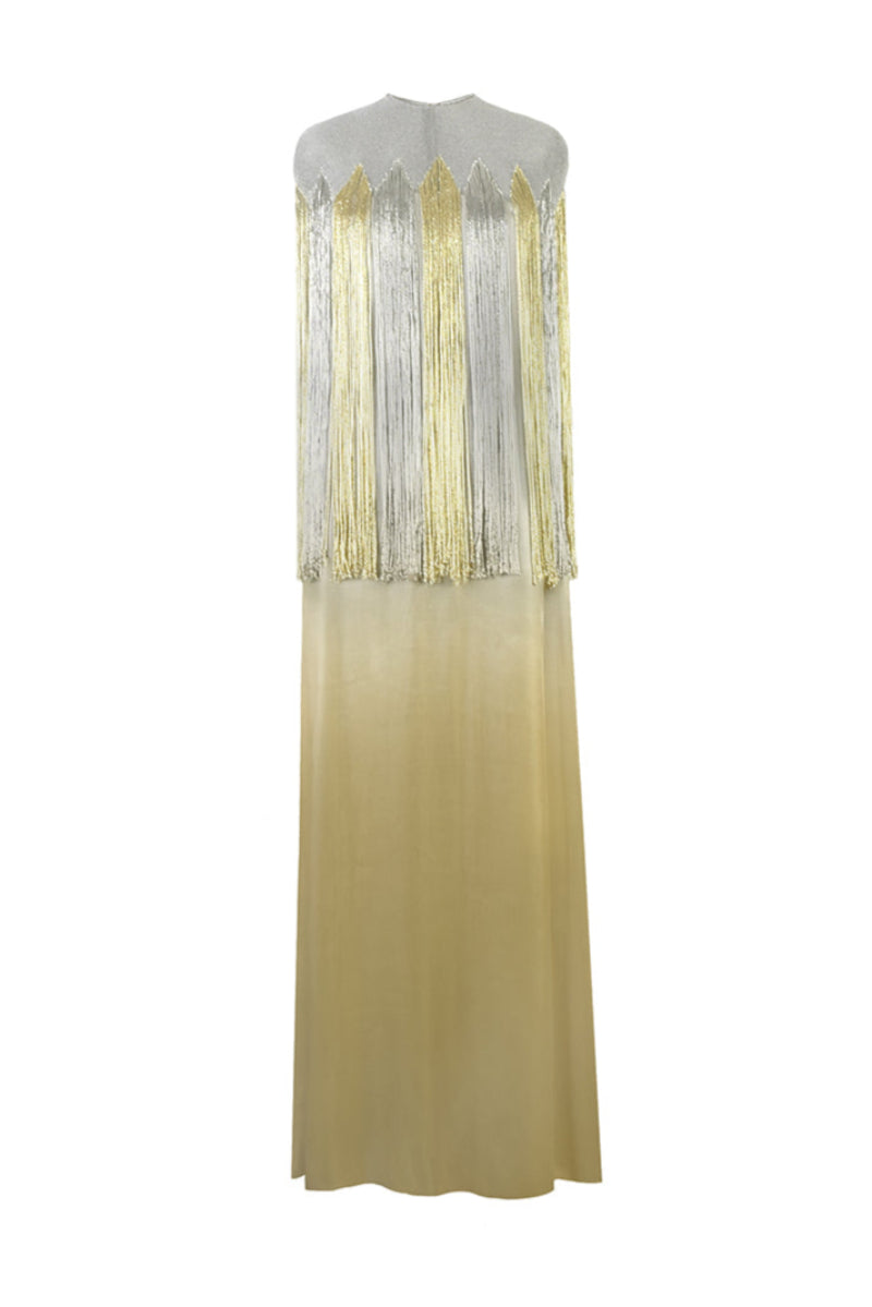 Gold and silver metallic kaftan gown by AKHL, front view showcasing shiny fabric and elegant design.