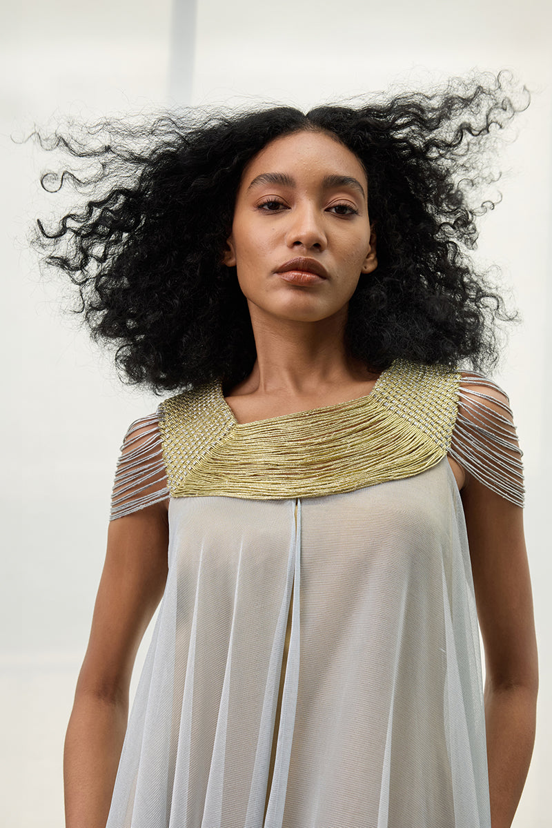 Woven yoke kaftan dress by AKHL featuring intricate woven details and a flowing gown silhouette, elegant and comfortable for any occasion.