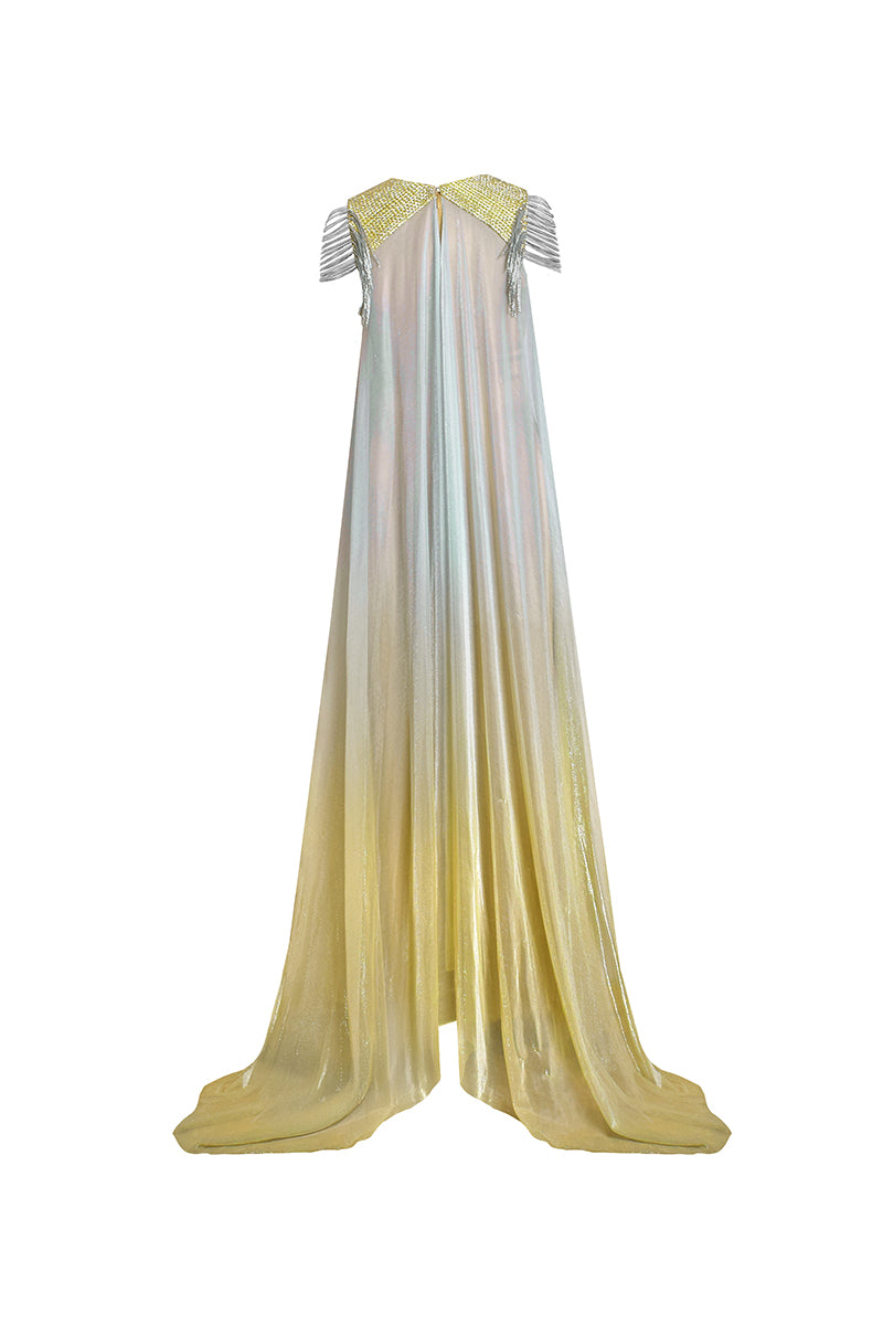 AKHL woven yoke kaftan dress gown shown from the back, featuring intricate woven yoke detail and flowing fabric.