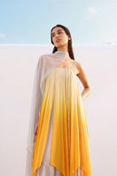 AKHL Sunbeam fall-panelled maxi dress featuring layered fabric and fall-inspired design, displayed on a hanger.