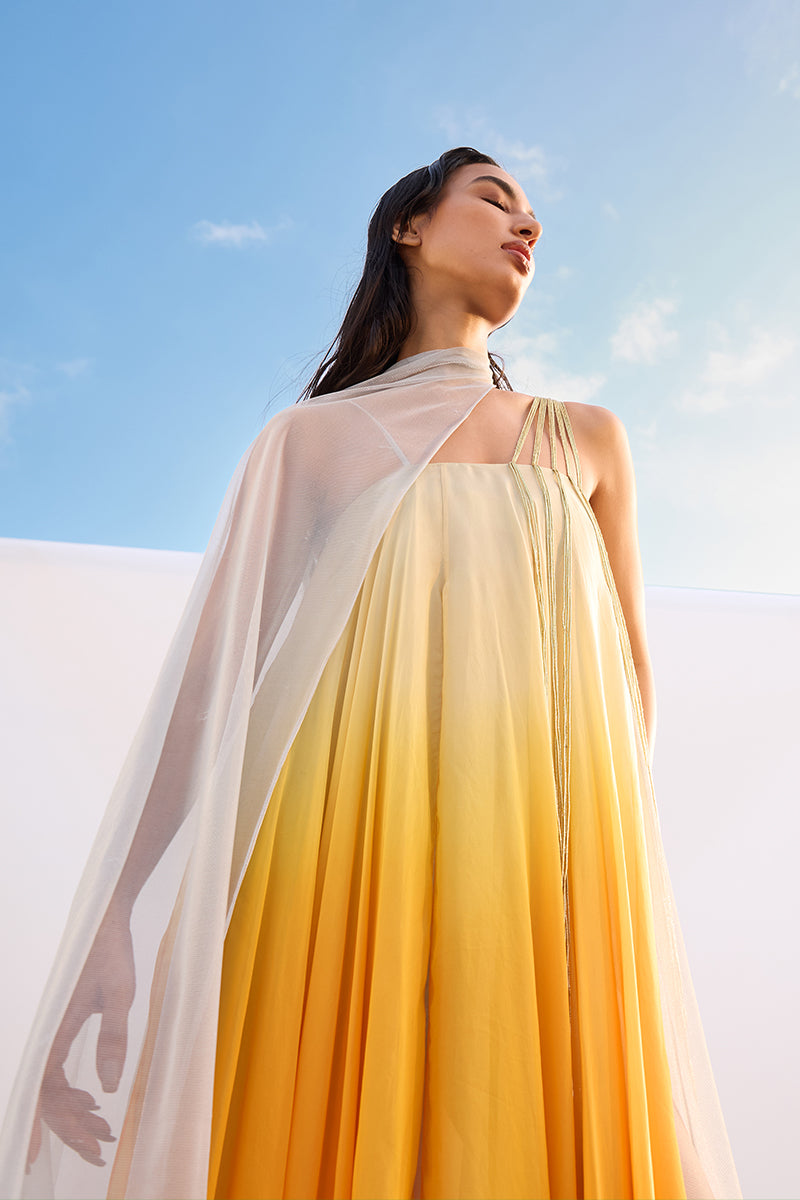 AKHL Sunbeam Fall-Panelled Maxi Dress featuring flowing fabric and fall-inspired color panels, perfect for elegant summer wear.