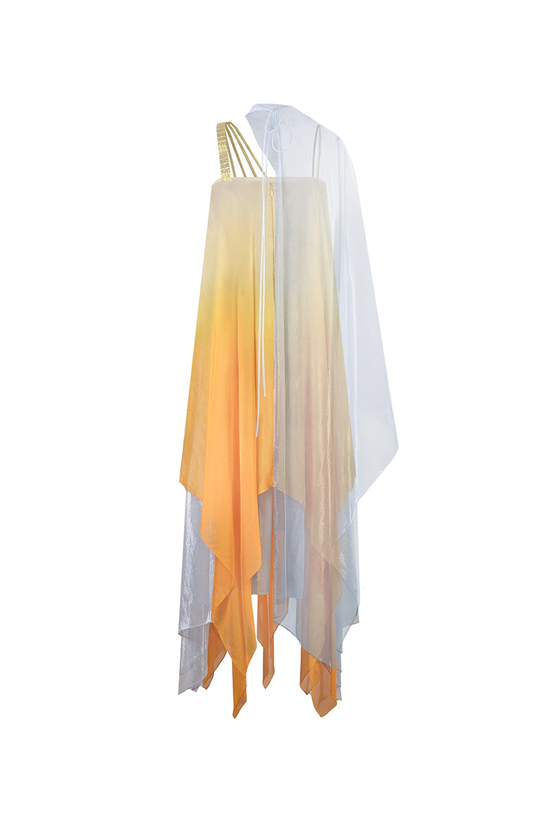 Back view of AKHL Sunbeam Fall-Paneled Maxi Dress with layered panels and flowy fabric, stylish and comfortable for summer wear.