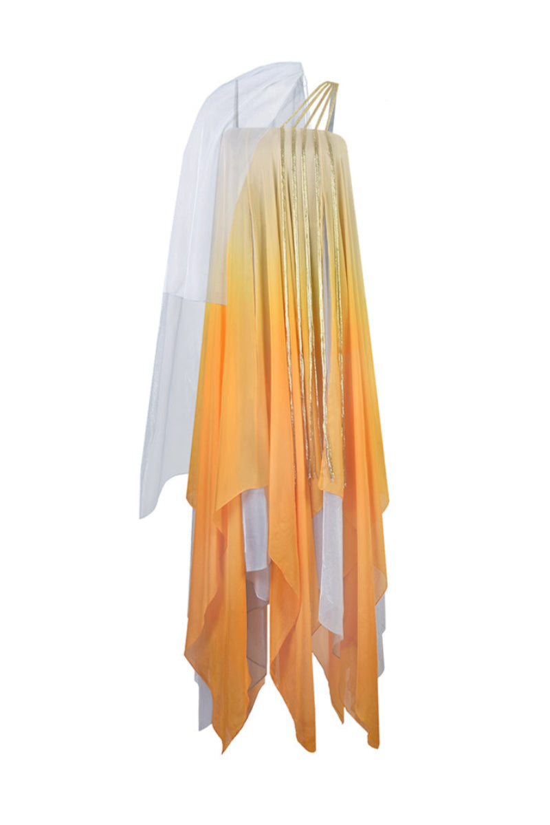 AKHL Sunbeam Fall-Panelled Maxi Dress shown from the front with a flowing design and fall-inspired panel details.