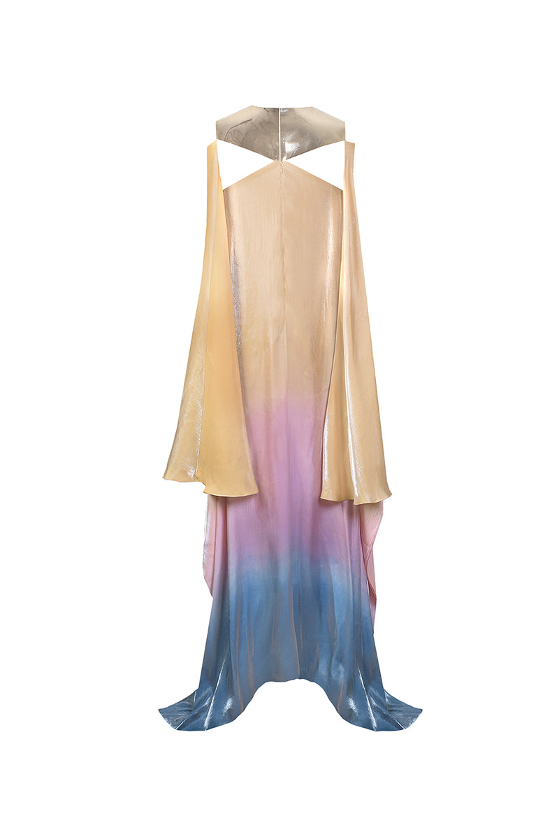 Back view of AKHL Gold Plate Spectrum Dress gown with intricate gold detailing and elegant design.