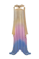 Front view of the AKHL Gold Plate Spectrum Dress gown featuring a sleek, elegant design with shimmering gold accents.