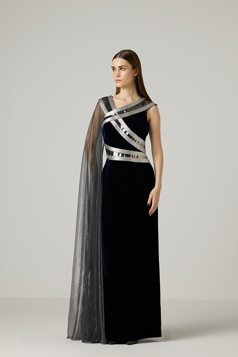 METALLIC TAPE VELVET DRESS