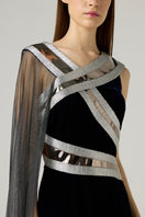 Elegant metallic velvet dress by AKHL featuring a sleek gown design with shiny, textured fabric.