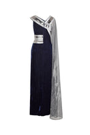 Back view of AKHL metallic tape velvet gown with long sleeves and fitted silhouette, showcasing elegant design and luxurious fabric.