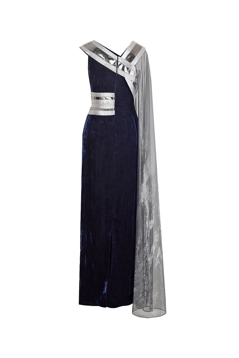 Back view of AKHL metallic tape velvet gown with long sleeves and fitted silhouette, showcasing elegant design and luxurious fabric.